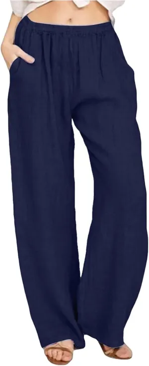 Womens Linen Trousers,Summer Boho Palazzo Pants Wide Leg High Waisted Drawstring Loose Lounge Long Pant with Pockets