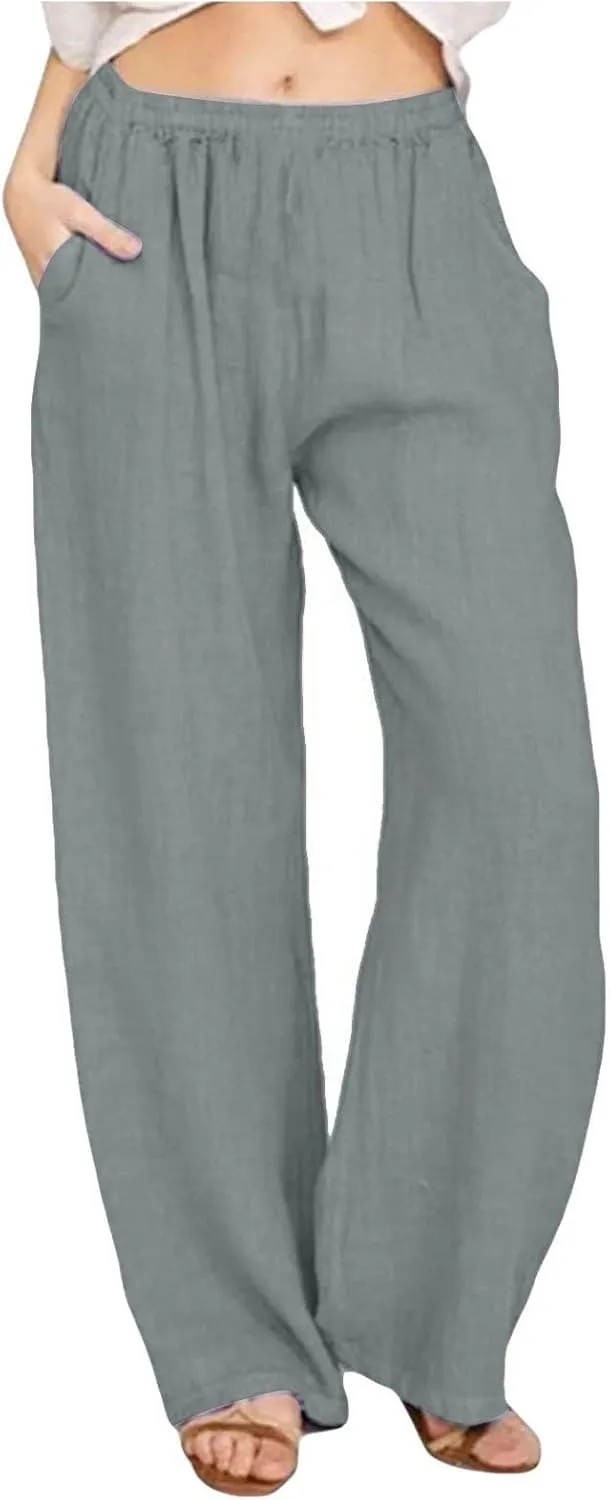 Womens Linen Trousers,Summer Boho Palazzo Pants Wide Leg High Waisted Drawstring Loose Lounge Long Pant with Pockets