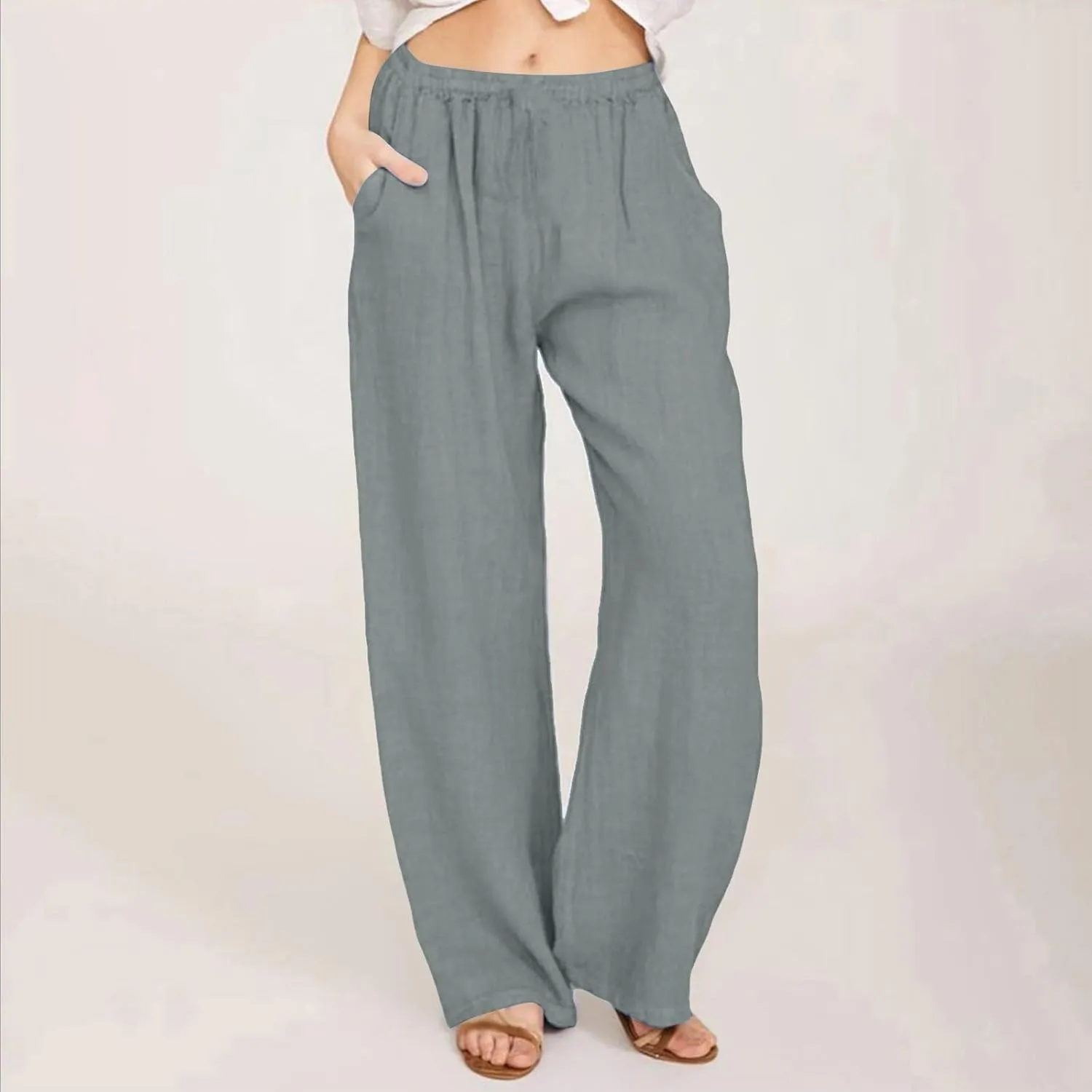 Womens Linen Trousers,Summer Boho Palazzo Pants Wide Leg High Waisted Drawstring Loose Lounge Long Pant with Pockets