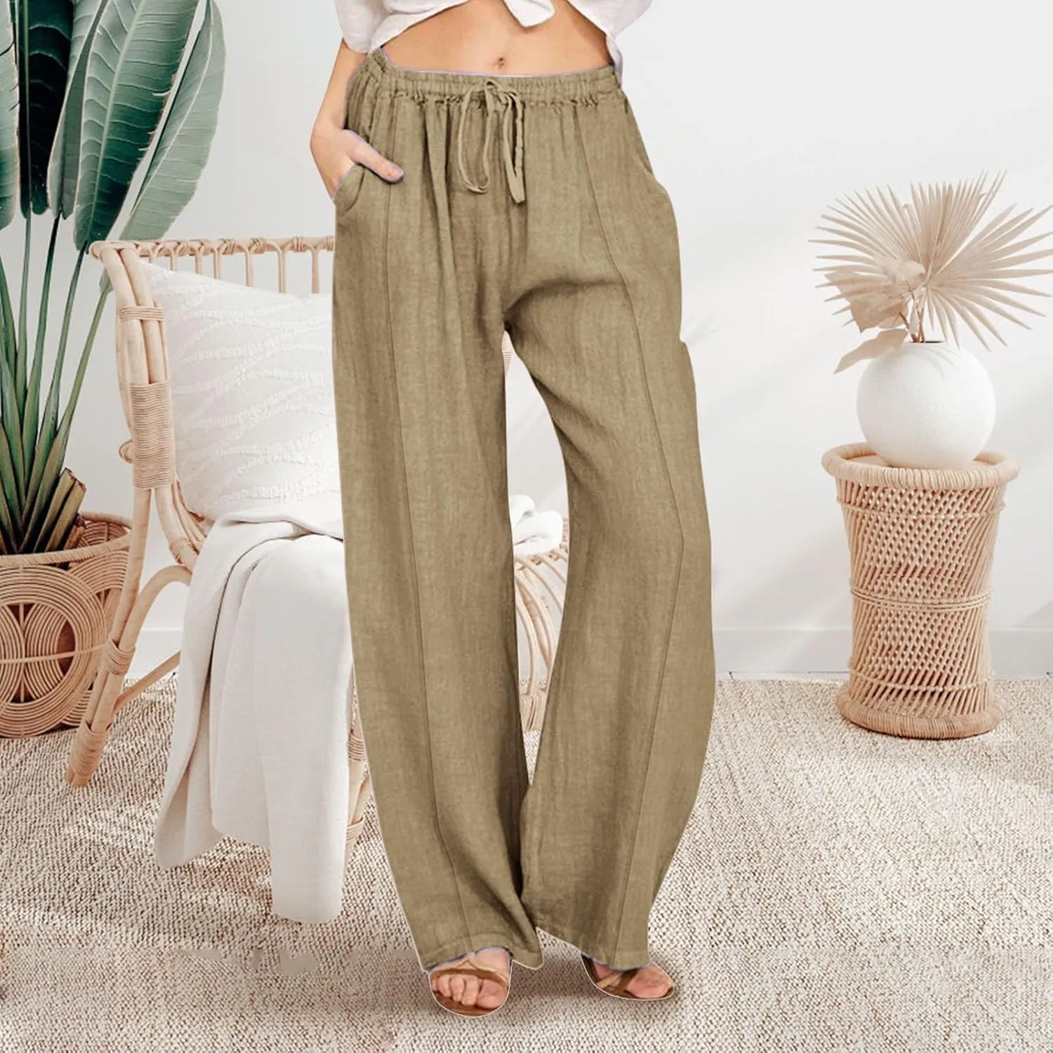 Womens Linen Wide Leg Pants Pull On Drawstring Comfy Casual Beach Palazzo Harem Summer Trousers with Pockets