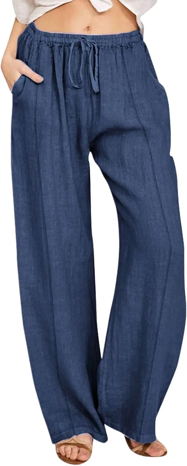 Womens Linen Wide Leg Pants Pull On Drawstring Comfy Casual Beach Palazzo Harem Summer Trousers with Pockets