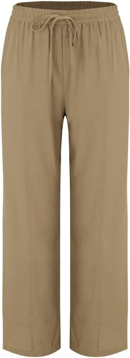 Womens Linen Wide Leg Pants Pull On Drawstring Comfy Casual Beach Palazzo Harem Summer Trousers with Pockets