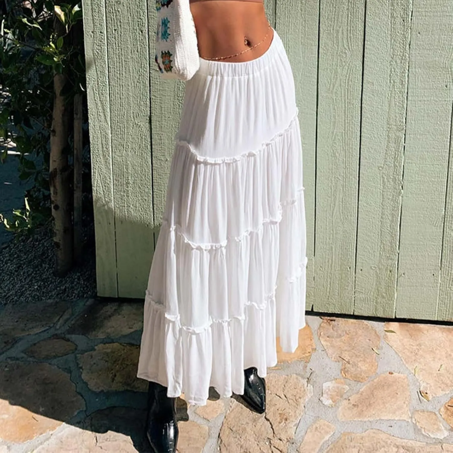 Women's Long Maxi Skirts Elastic High Waist Tiered Flowy Long Skirt Pleated Swing A Line Maxi Summer Girls