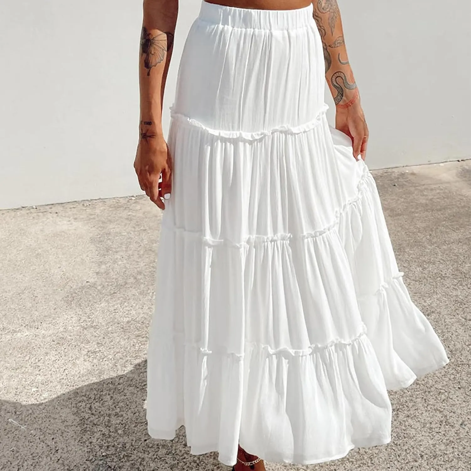 Women's Long Maxi Skirts Elastic High Waist Tiered Flowy Long Skirt Pleated Swing A Line Maxi Summer Girls
