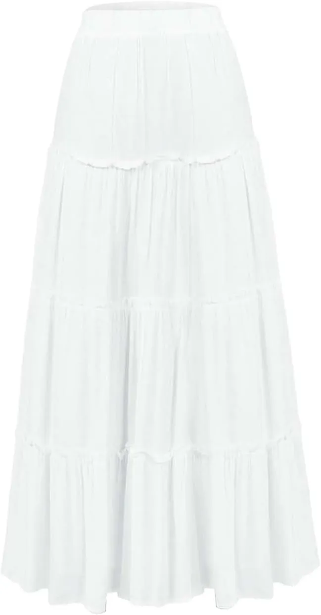 Women's Long Maxi Skirts Elastic High Waist Tiered Flowy Long Skirt Pleated Swing A Line Maxi Summer Girls