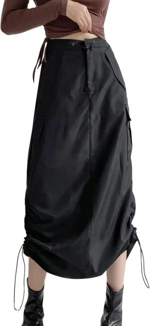 Women's Loose Casual Quick Drying Pleated Drawcord Work Suit Split Skirt Girls Midi Skirt Tight Skirt (2-Black, S)