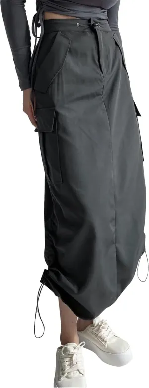Women's Loose Casual Quick Drying Pleated Drawcord Work Suit Split Skirt Girls Midi Skirt Tight Skirt (2-Grey, M)