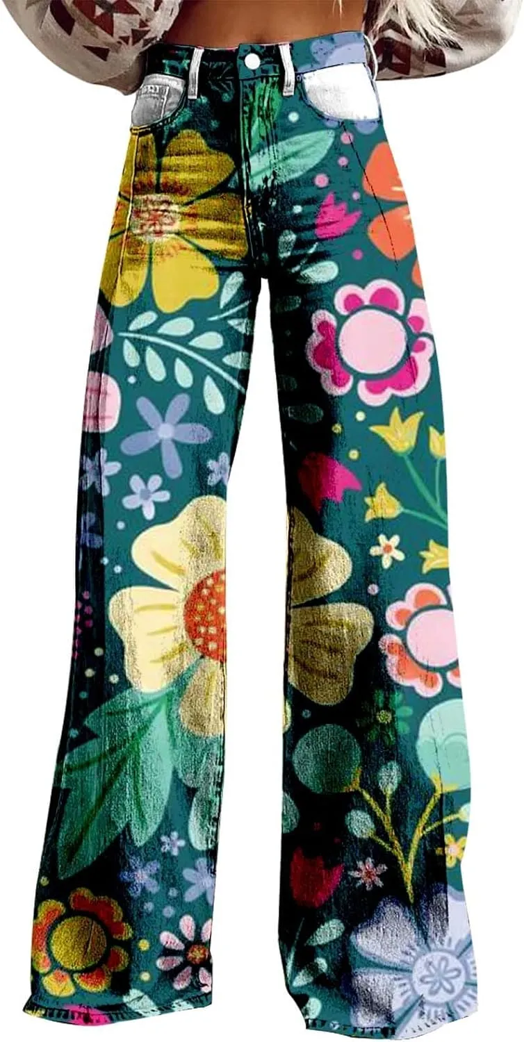 Womens Loose Fit Trousers Tie Dye High Waist Flare Wide Leg Baggy Loungre Pants Fashion Vintage Workout Palazzo Pants