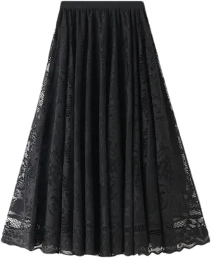 Women's Mid-Length Lace Skirt High Waisted A-Line Pleated Slim Fit Mini Skirt