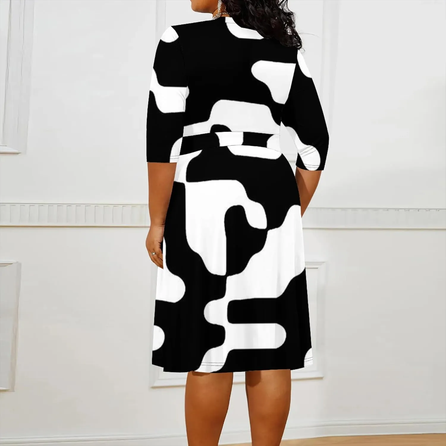 Women's Midi Dress 3/4 Sleeves Floral Printed V Neck Cocktail Party Dress Curvy Wrap Sexy Geometric Pattern Dresses with Belt