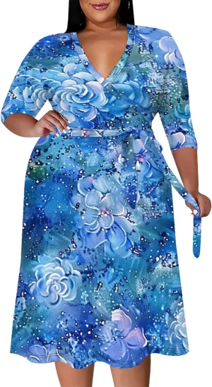 Women's Midi Dress 3/4 Sleeves Floral Printed V Neck Cocktail Party Dress Curvy Wrap Sexy Geometric Pattern Dresses with Belt