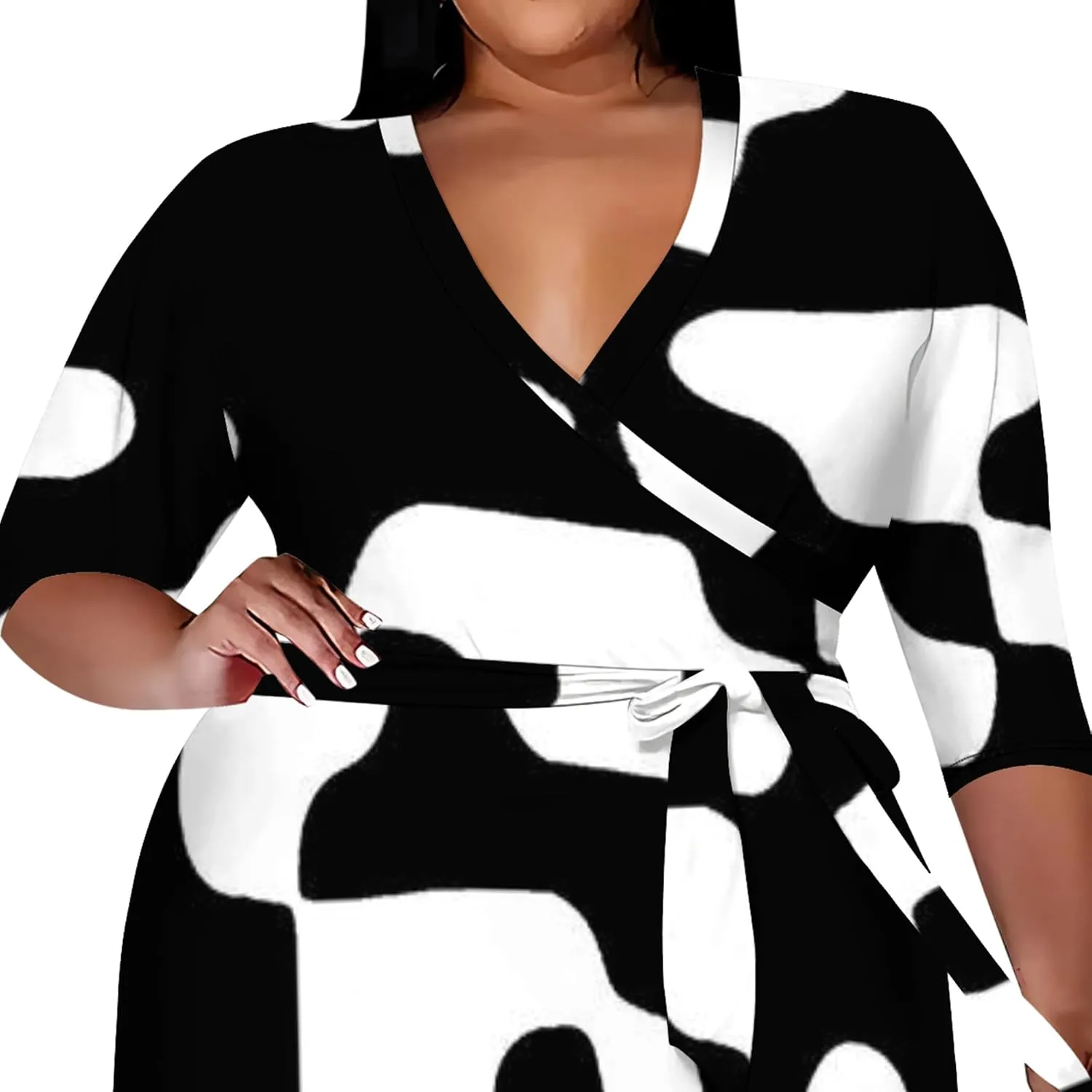Women's Midi Dress 3/4 Sleeves Floral Printed V Neck Cocktail Party Dress Curvy Wrap Sexy Geometric Pattern Dresses with Belt