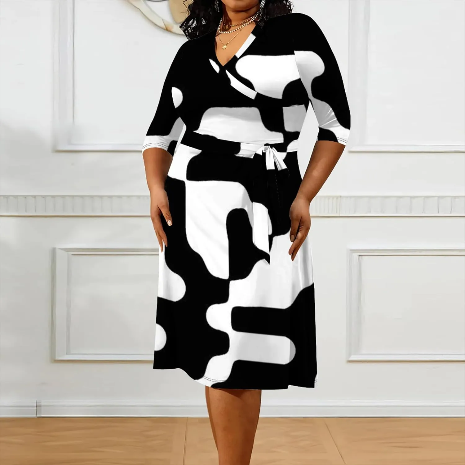 Women's Midi Dress 3/4 Sleeves Floral Printed V Neck Cocktail Party Dress Curvy Wrap Sexy Geometric Pattern Dresses with Belt
