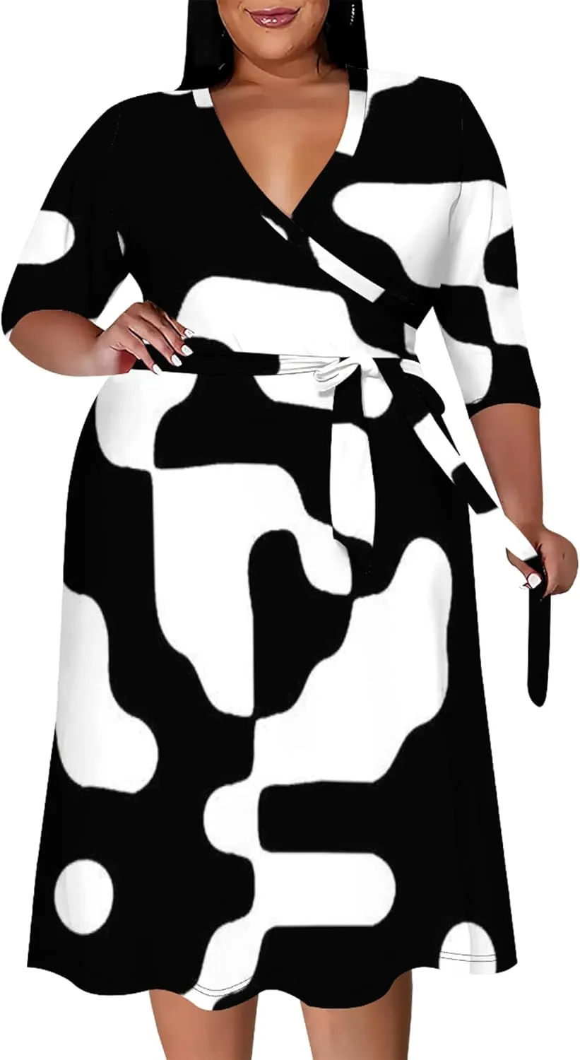 Women's Midi Dress 3/4 Sleeves Floral Printed V Neck Cocktail Party Dress Curvy Wrap Sexy Geometric Pattern Dresses with Belt