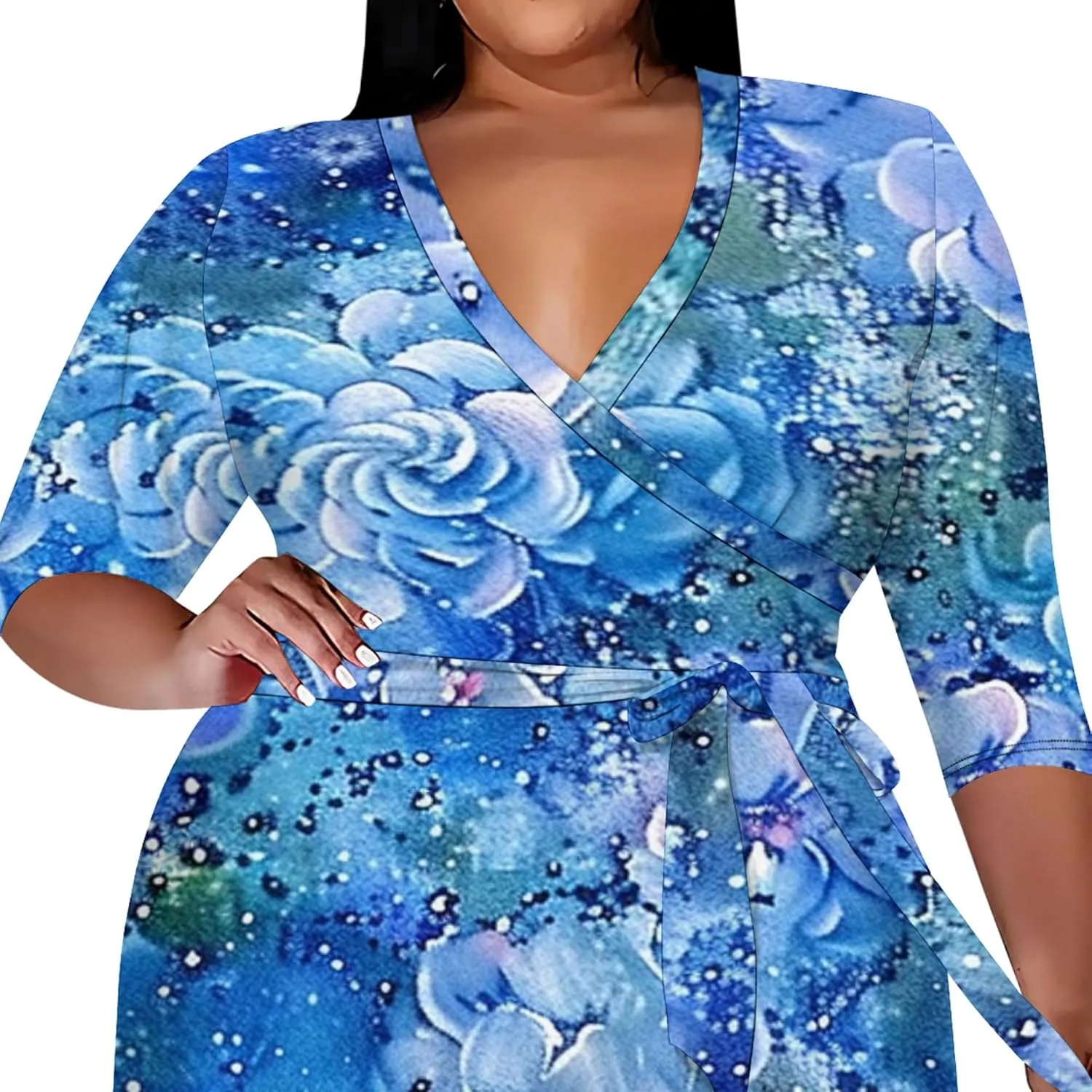 Women's Midi Dress 3/4 Sleeves Floral Printed V Neck Cocktail Party Dress Curvy Wrap Sexy Geometric Pattern Dresses with Belt