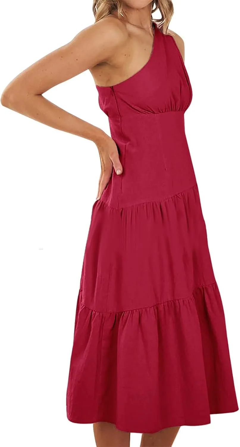 Women's One Shoulder Ruffle Sleeve Dresses Ruched A Line Flowy Dress Sexy Flowy Party Elegant Solid Color Beach Dress