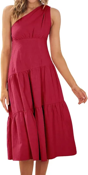 Women's One Shoulder Ruffle Sleeve Dresses Ruched A Line Flowy Dress Sexy Flowy Party Elegant Solid Color Beach Dress