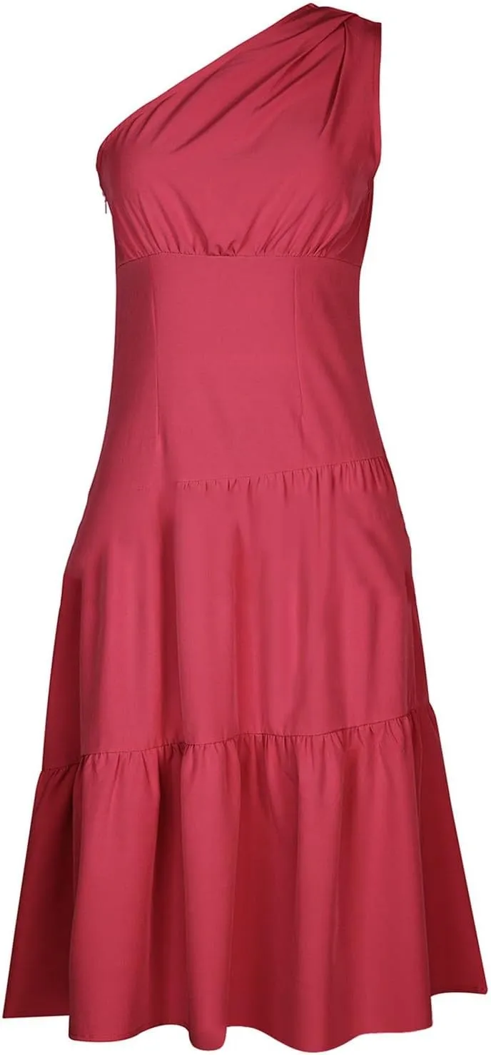 Women's One Shoulder Ruffle Sleeve Dresses Ruched A Line Flowy Dress Sexy Flowy Party Elegant Solid Color Beach Dress
