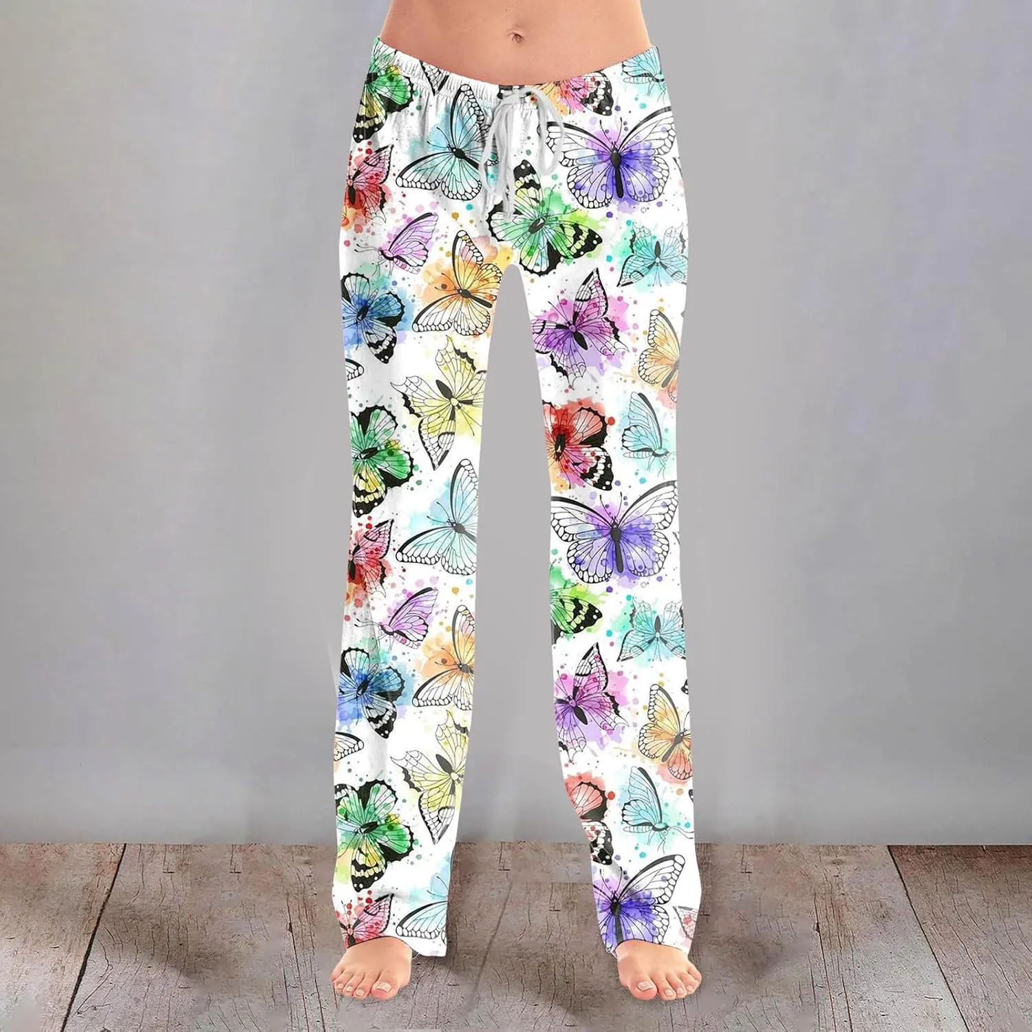 Womens Pajama Pants Butterfly Print High Waist Casual Palazzo Pants Drawstring Wide Leg Trousers with Pocket