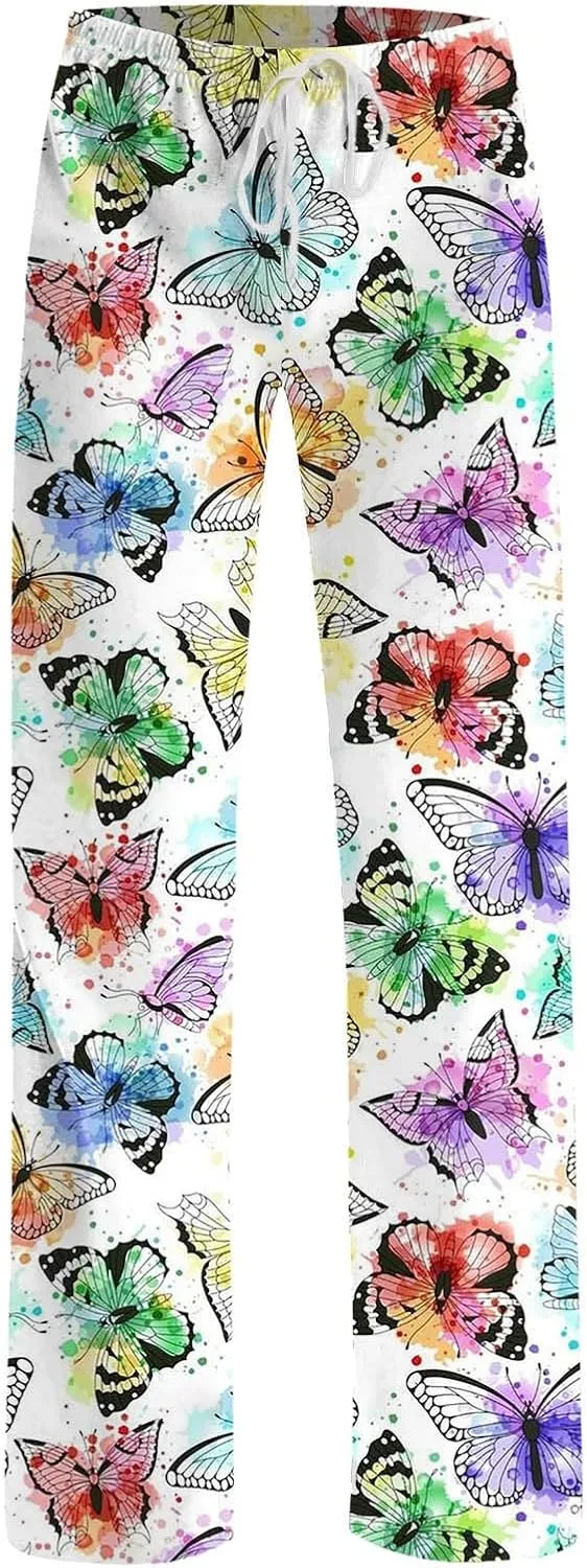 Womens Pajama Pants Butterfly Print High Waist Casual Palazzo Pants Drawstring Wide Leg Trousers with Pocket