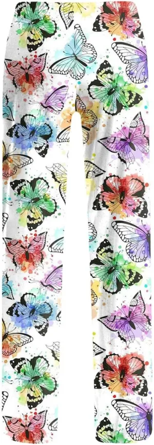 Womens Pajama Pants Butterfly Print High Waist Casual Palazzo Pants Drawstring Wide Leg Trousers with Pocket