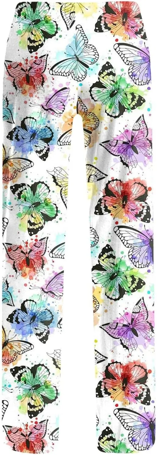 Womens Pajama Pants Butterfly Print High Waist Casual Palazzo Pants Drawstring Wide Leg Trousers with Pocket