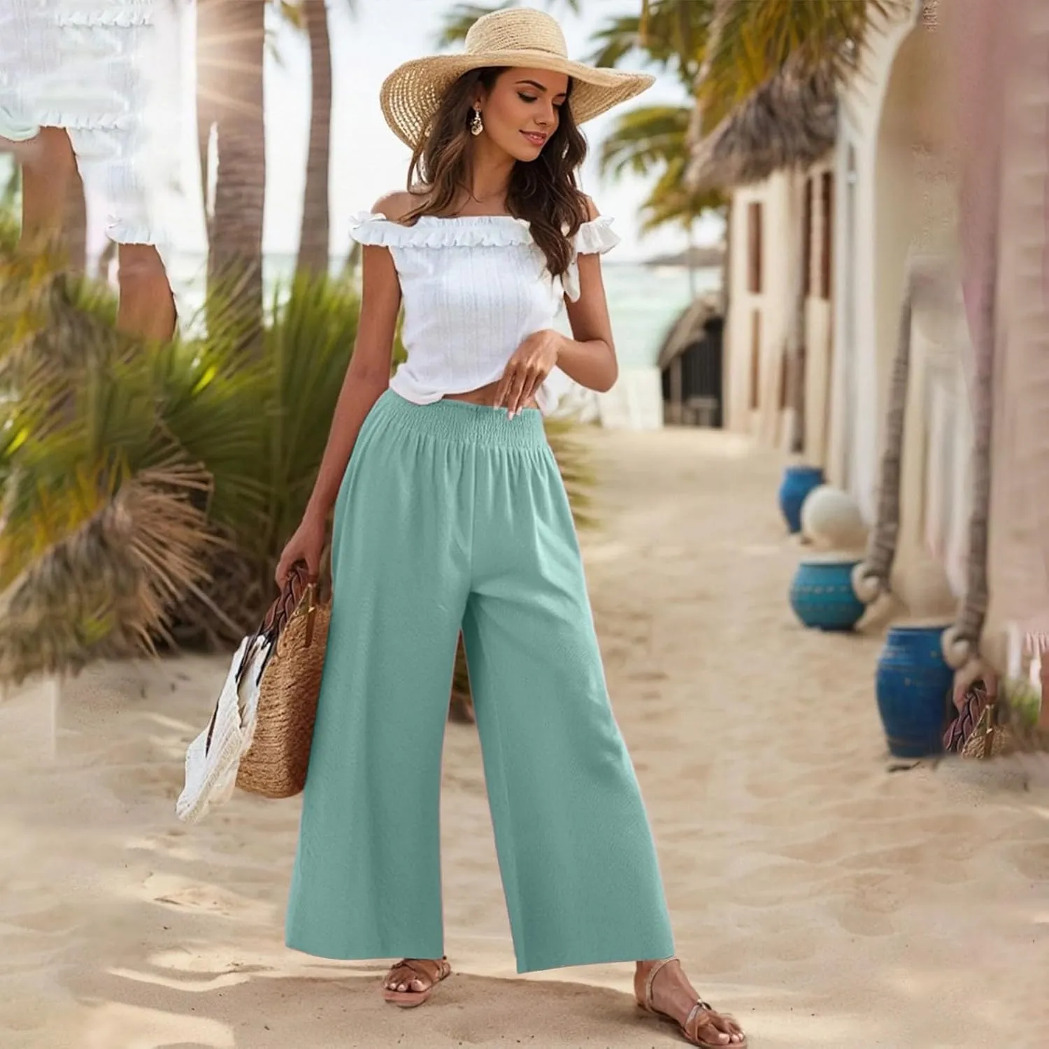 Womens Palazzo Linen Pants Casual Summer Smocked Elastic High Waisted Wide Leg Pants Loose Fit Vacation Beach Trousers