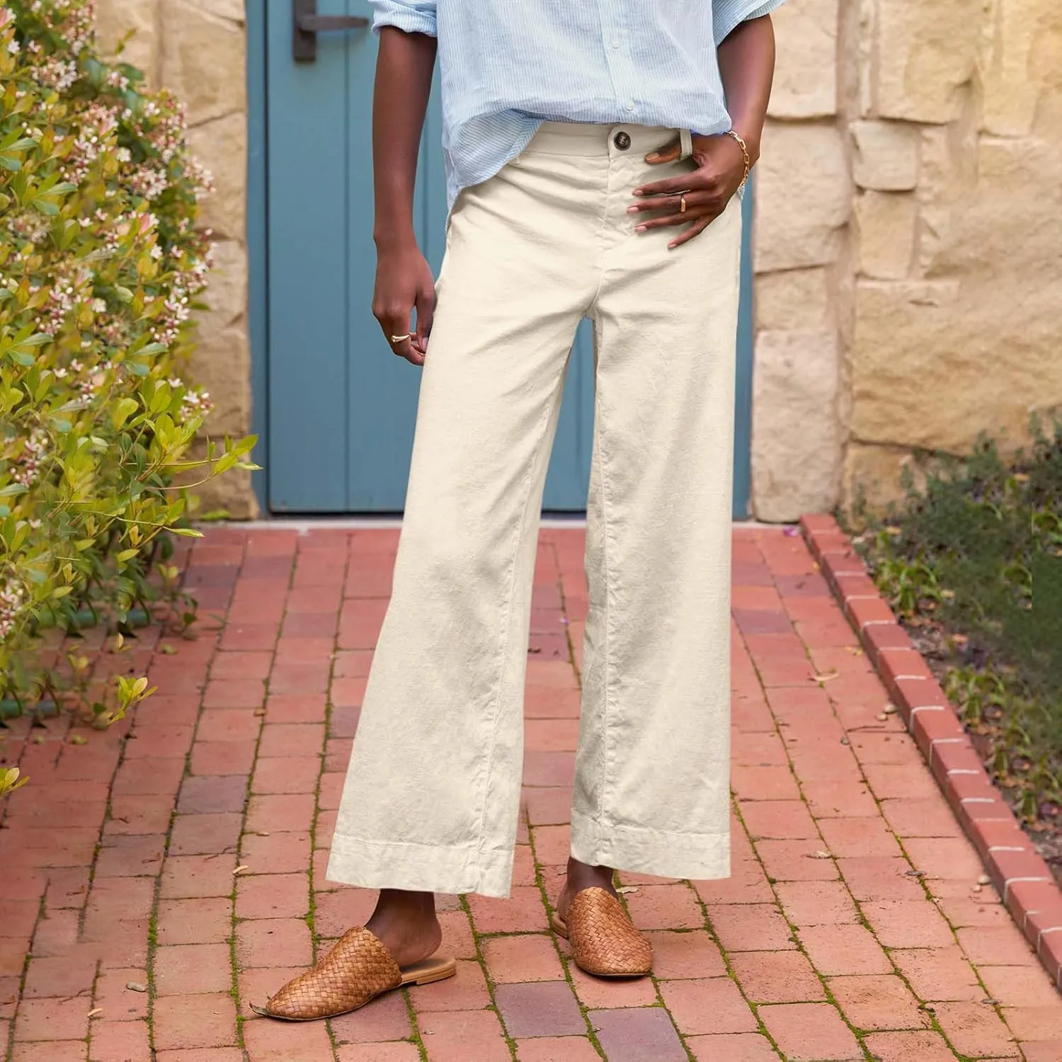 Womens Pants, Peasant Pants Casual Linen Plaid Straight Leg Side Button Drawstring