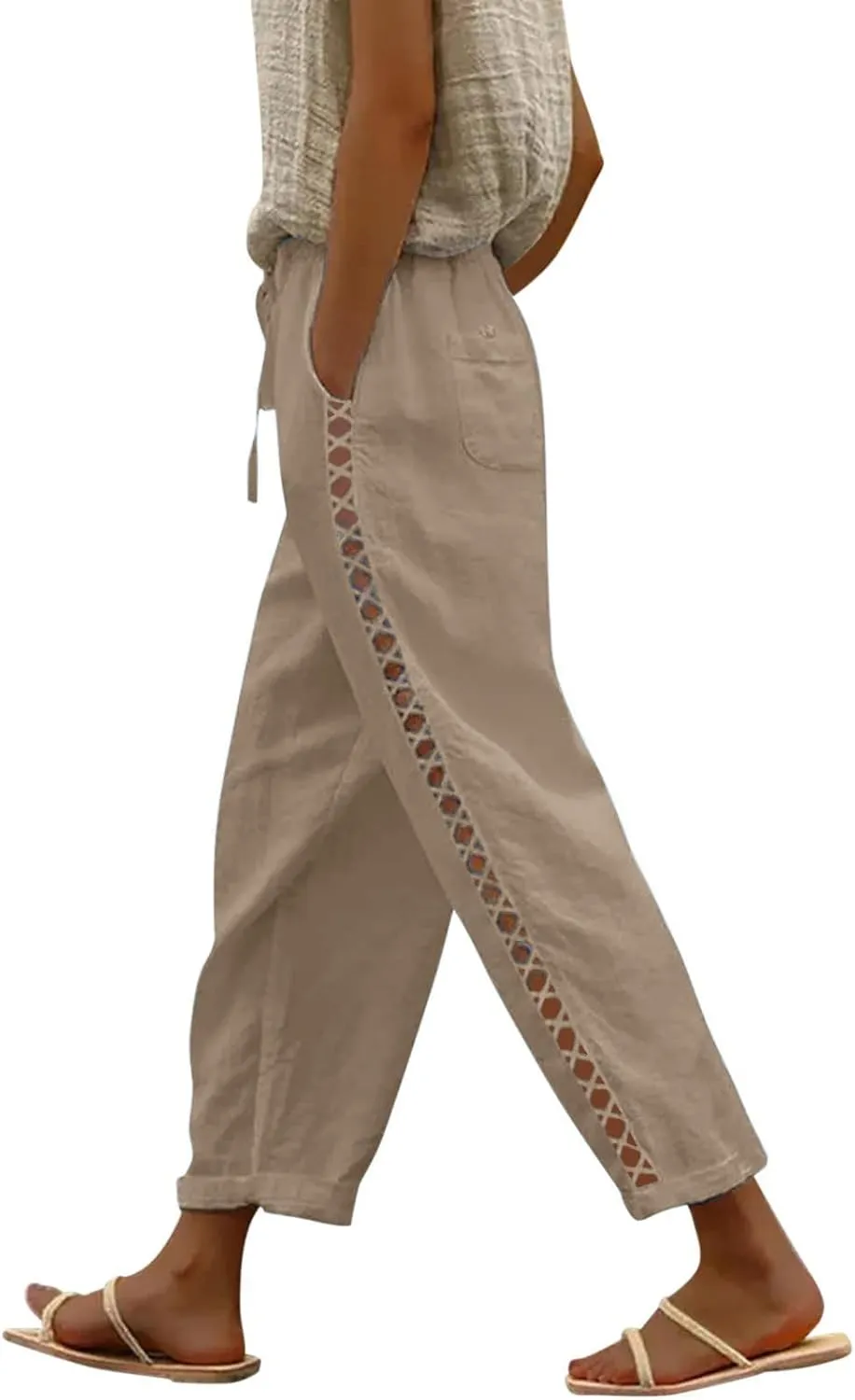 Womens Pants, Straight Leg Linen Casual Pants Print Peasant Elastic Waisted Cotton