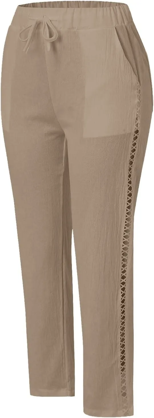 Womens Pants, Straight Leg Linen Casual Pants Print Peasant Elastic Waisted Cotton