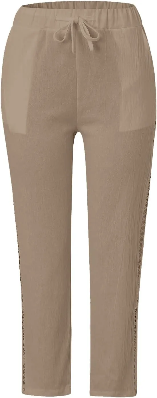 Womens Pants, Straight Leg Linen Casual Pants Print Peasant Elastic Waisted Cotton