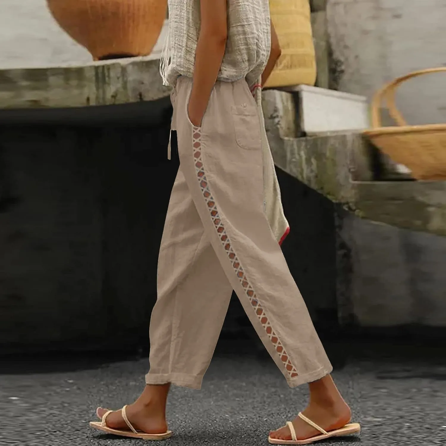 Womens Pants, Straight Leg Linen Casual Pants Print Peasant Elastic Waisted Cotton