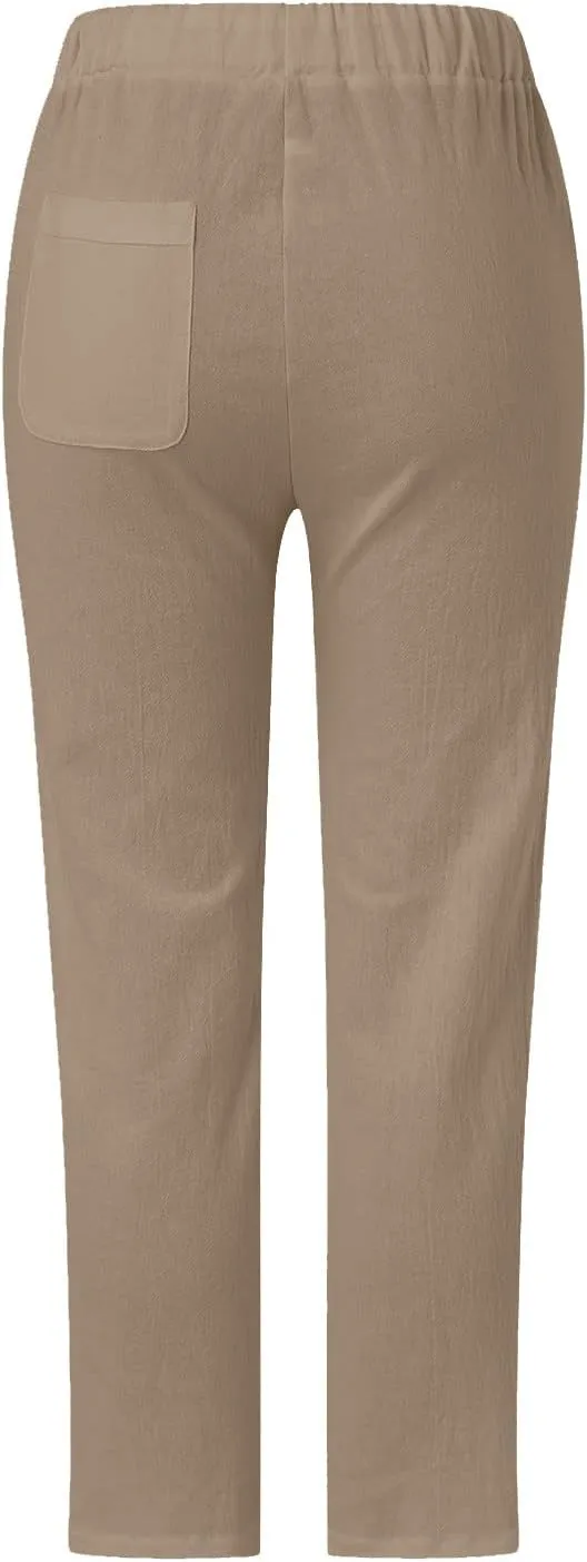 Womens Pants, Straight Leg Linen Casual Pants Print Peasant Elastic Waisted Cotton