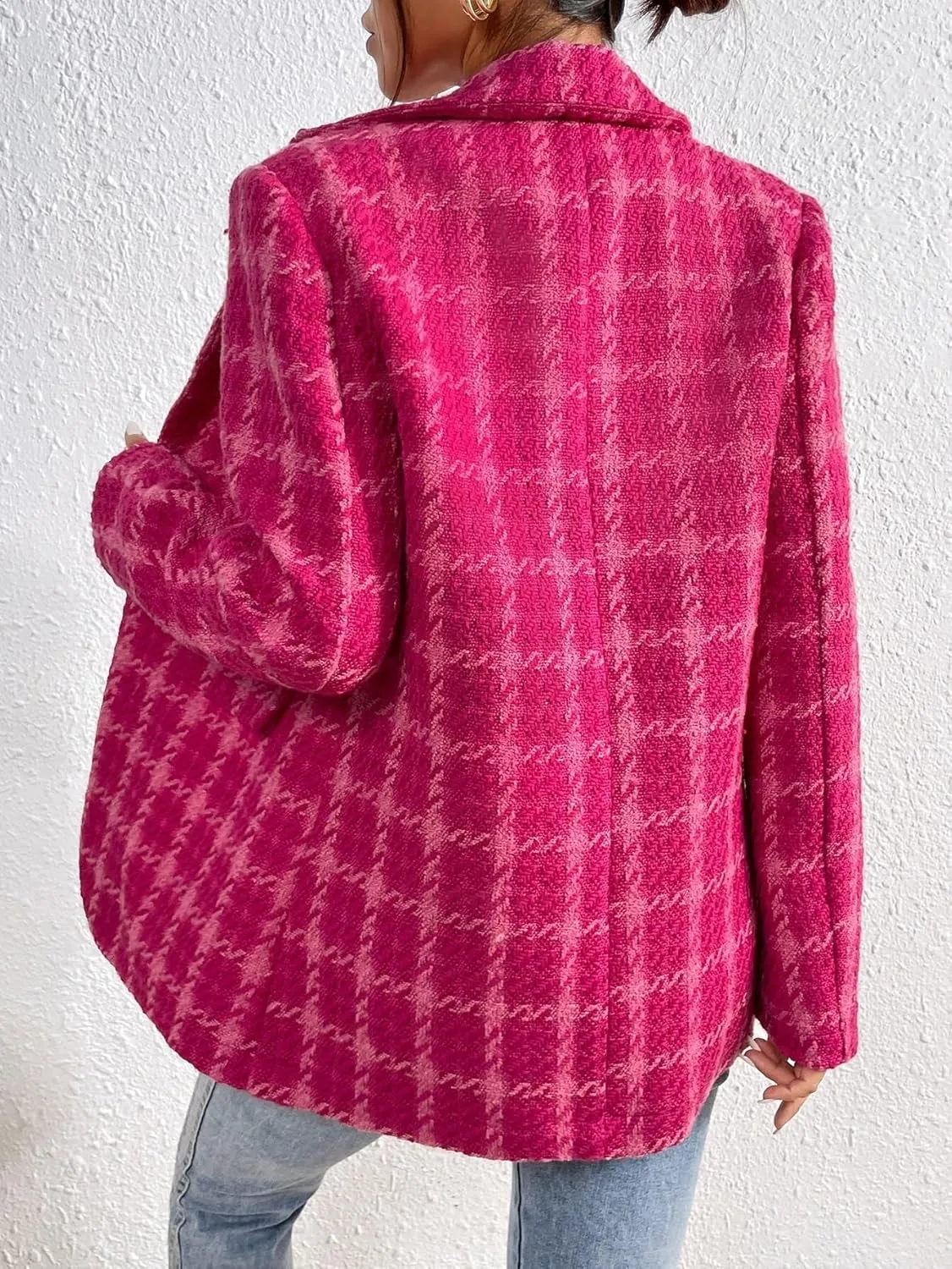 Women's Pea Coat Trench Jacket Plaid Lapel Collar Overcoat