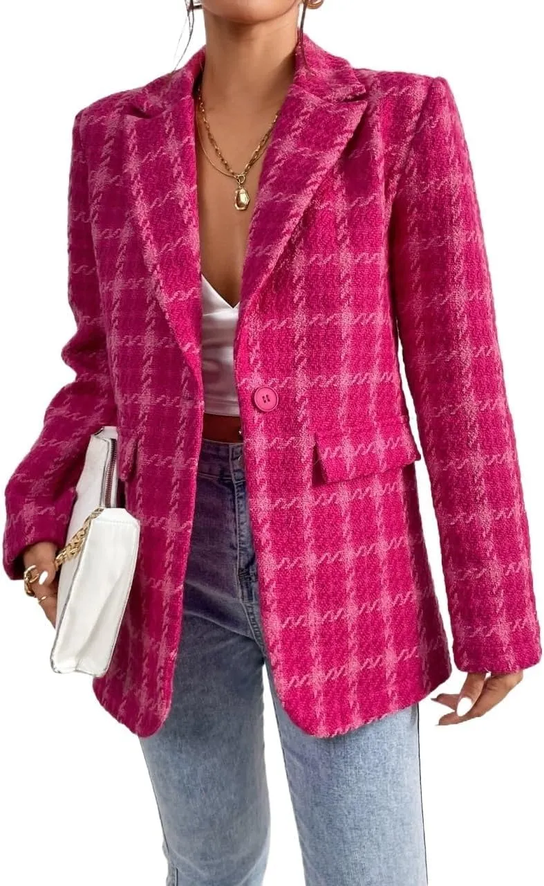 Women's Pea Coat Trench Jacket Plaid Lapel Collar Overcoat