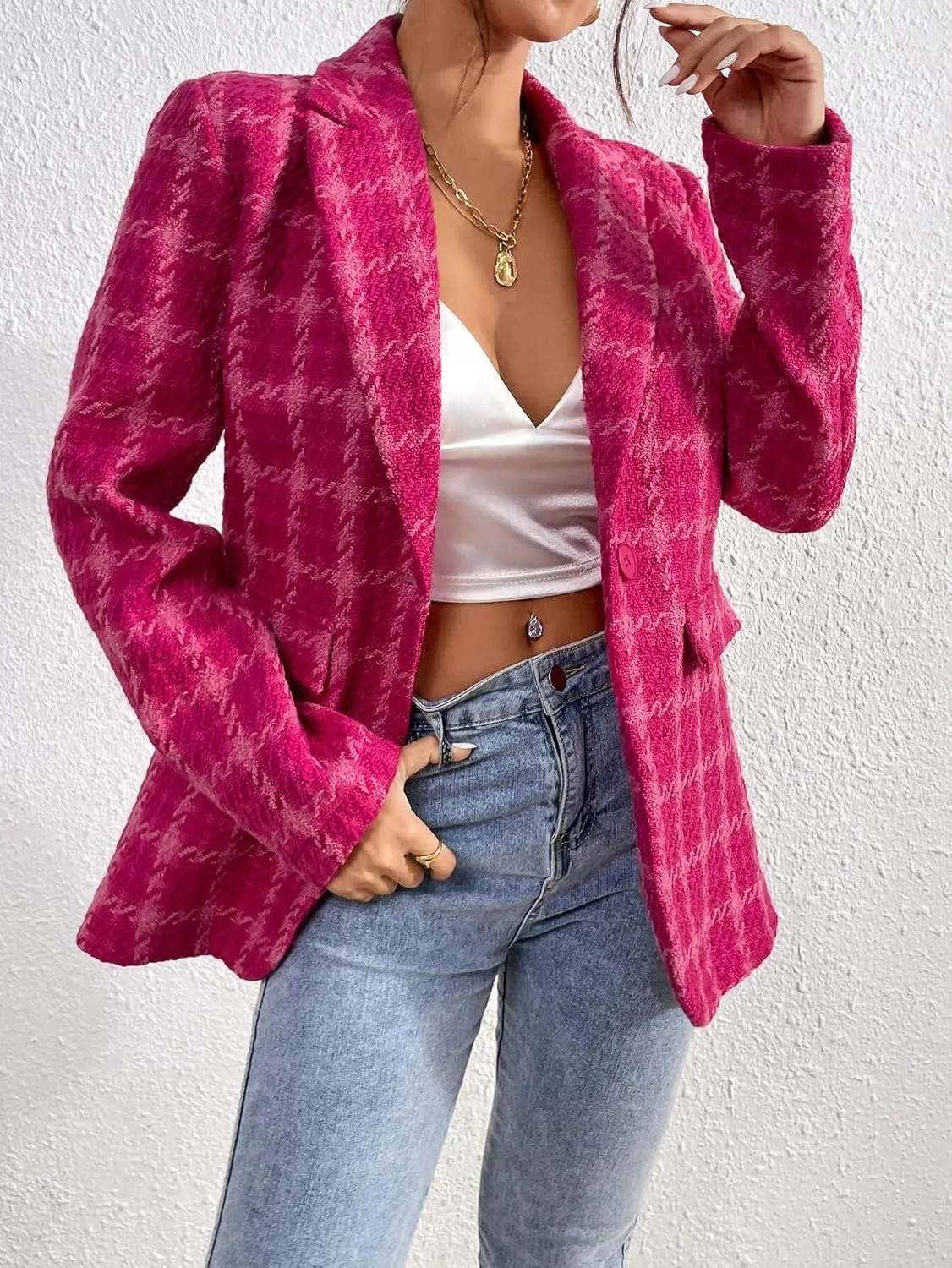 Women's Pea Coat Trench Jacket Plaid Lapel Collar Overcoat
