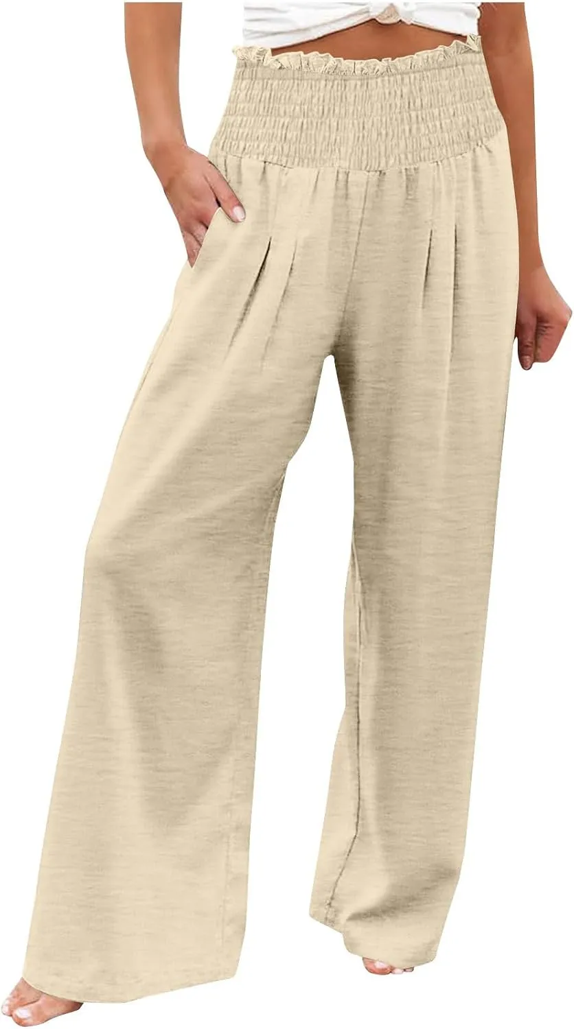 Women's Pleated Cotton Linen Straight Pants High Waist Lounge Trousers Wide Leg Casual Trouser for Summer Beach Vacation