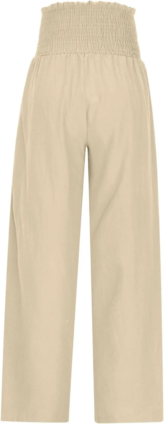 Women's Pleated Cotton Linen Straight Pants High Waist Lounge Trousers Wide Leg Casual Trouser for Summer Beach Vacation