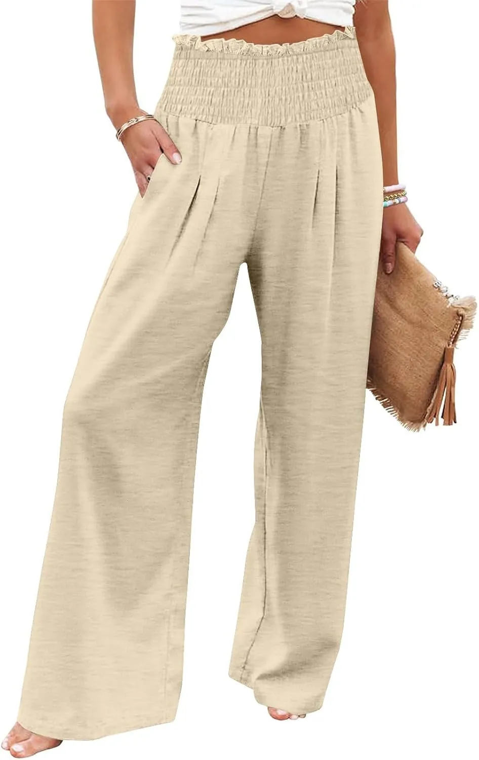 Women's Pleated Cotton Linen Straight Pants High Waist Lounge Trousers Wide Leg Casual Trouser for Summer Beach Vacation