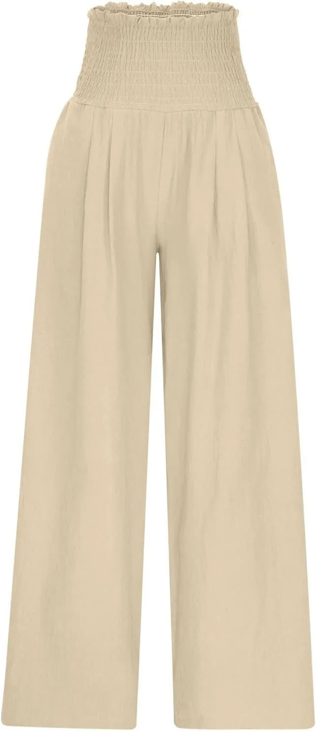 Women's Pleated Cotton Linen Straight Pants High Waist Lounge Trousers Wide Leg Casual Trouser for Summer Beach Vacation