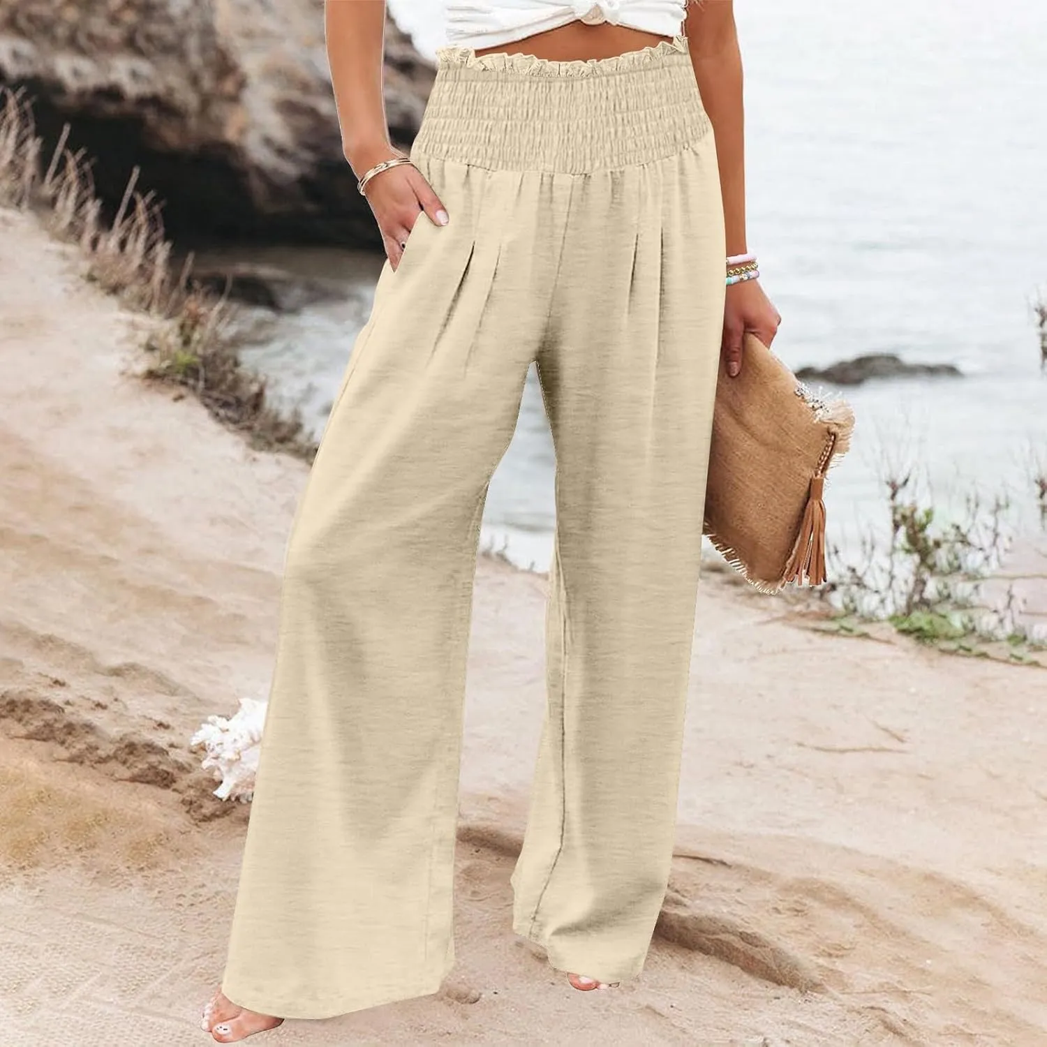 Women's Pleated Cotton Linen Straight Pants High Waist Lounge Trousers Wide Leg Casual Trouser for Summer Beach Vacation