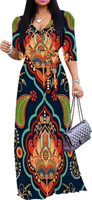 Womens Plus Size Fall Dresses Sexy Bodycon V Neck Maxi Dress Wrap Dress 3/4 Sleeve Boho Casual Floral A-Line Skirts
