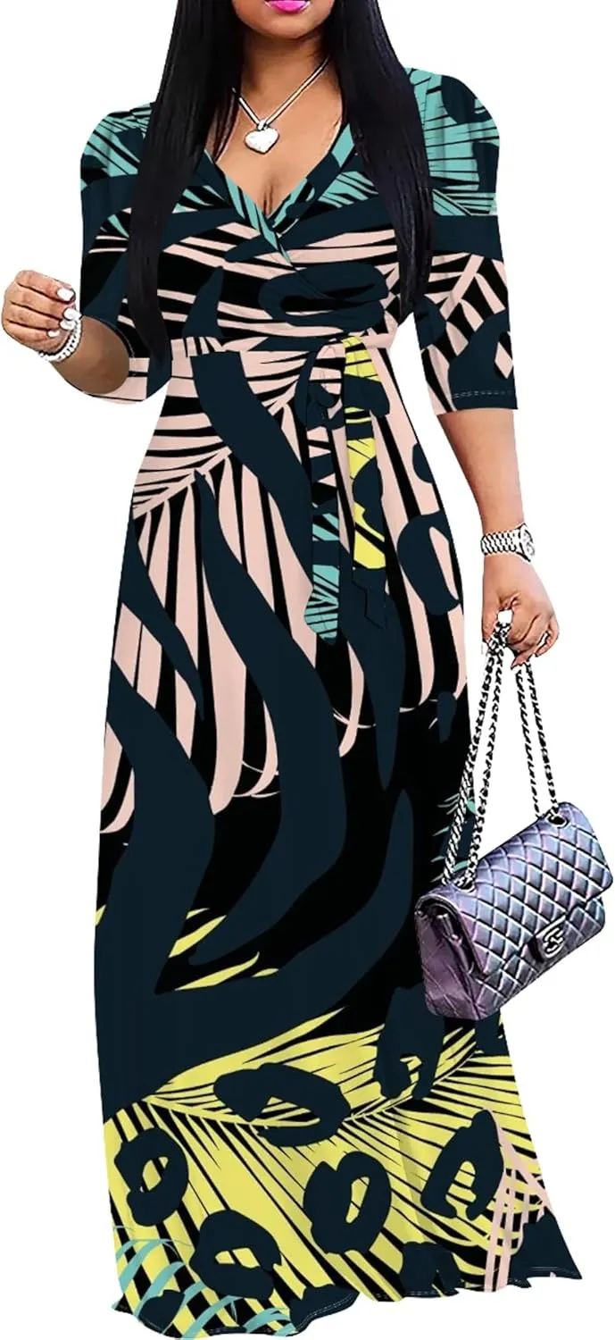 Womens Plus Size Fall Dresses Sexy Bodycon V Neck Maxi Dress Wrap Dress 3/4 Sleeve Boho Casual Floral A-Line Skirts