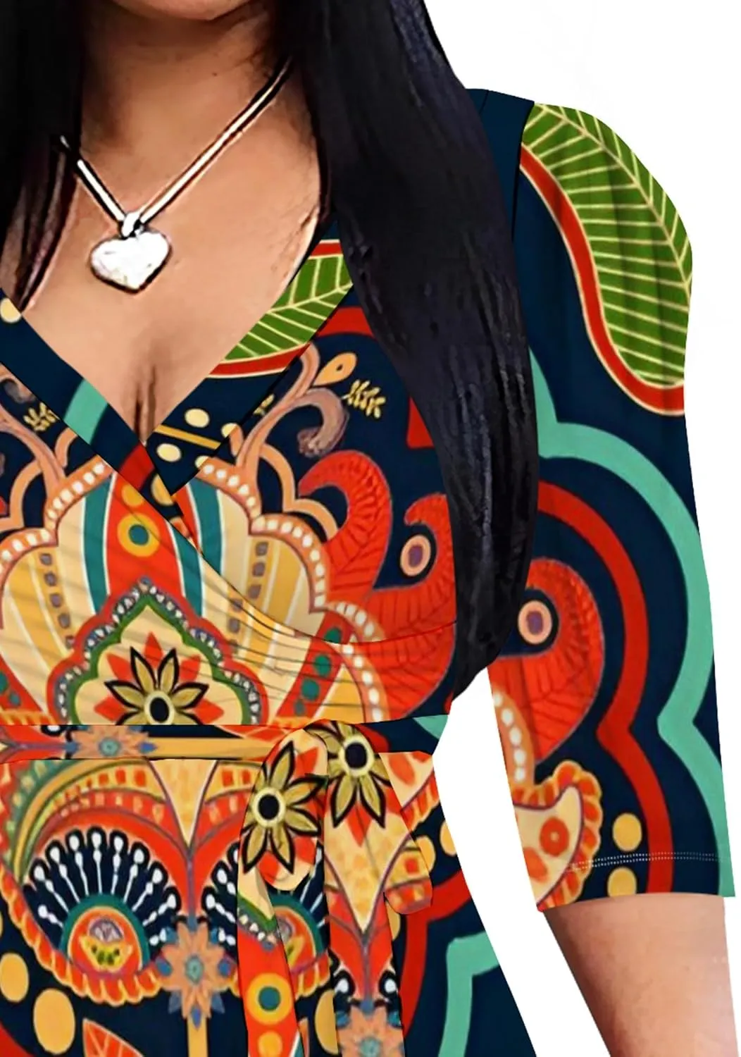 Womens Plus Size Fall Dresses Sexy Bodycon V Neck Maxi Dress Wrap Dress 3/4 Sleeve Boho Casual Floral A-Line Skirts
