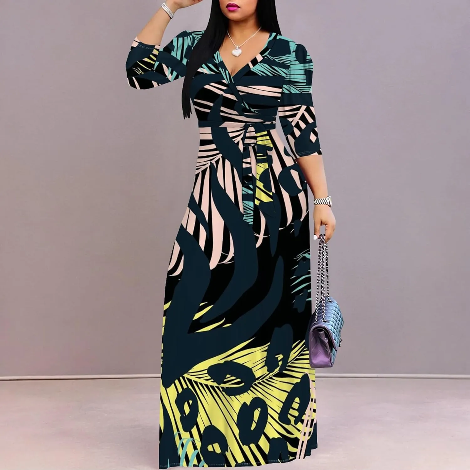 Womens Plus Size Fall Dresses Sexy Bodycon V Neck Maxi Dress Wrap Dress 3/4 Sleeve Boho Casual Floral A-Line Skirts