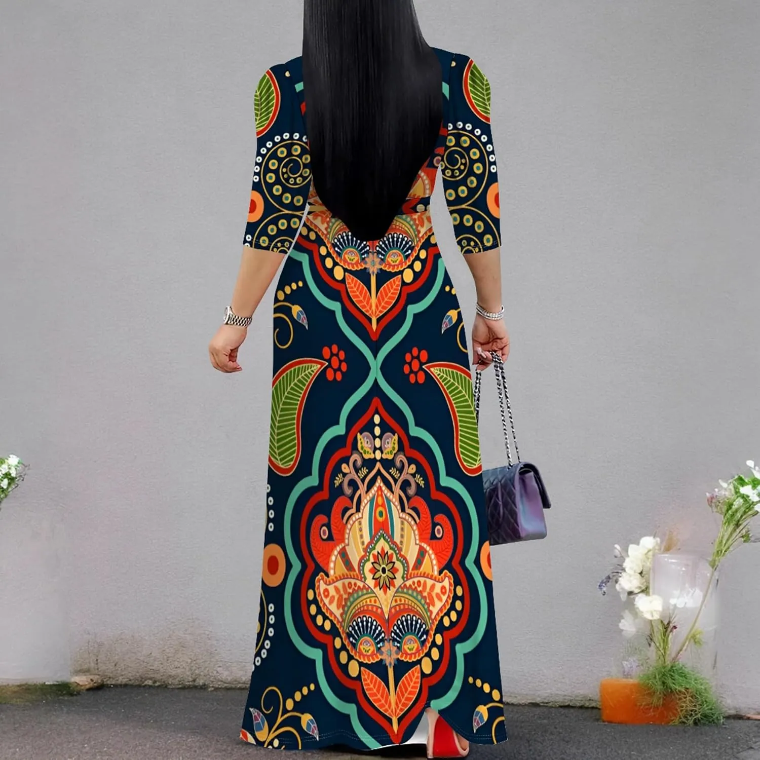 Womens Plus Size Fall Dresses Sexy Bodycon V Neck Maxi Dress Wrap Dress 3/4 Sleeve Boho Casual Floral A-Line Skirts