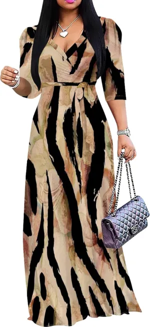 Womens Plus Size Fall Dresses Sexy Bodycon V Neck Maxi Dress Wrap Dress 3/4 Sleeve Boho Casual Floral A-Line Skirts