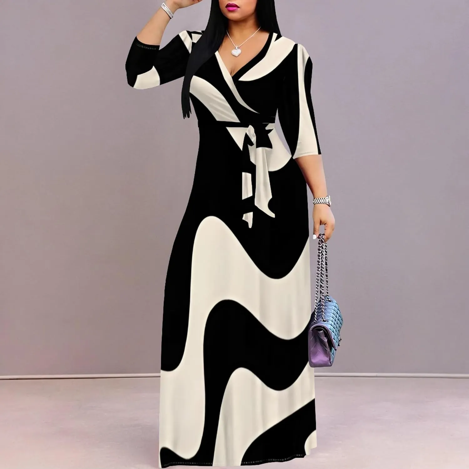 Womens Plus Size Fall Dresses Sexy Bodycon V Neck Maxi Dress Wrap Dress 3/4 Sleeve Boho Casual Floral A-Line Skirts