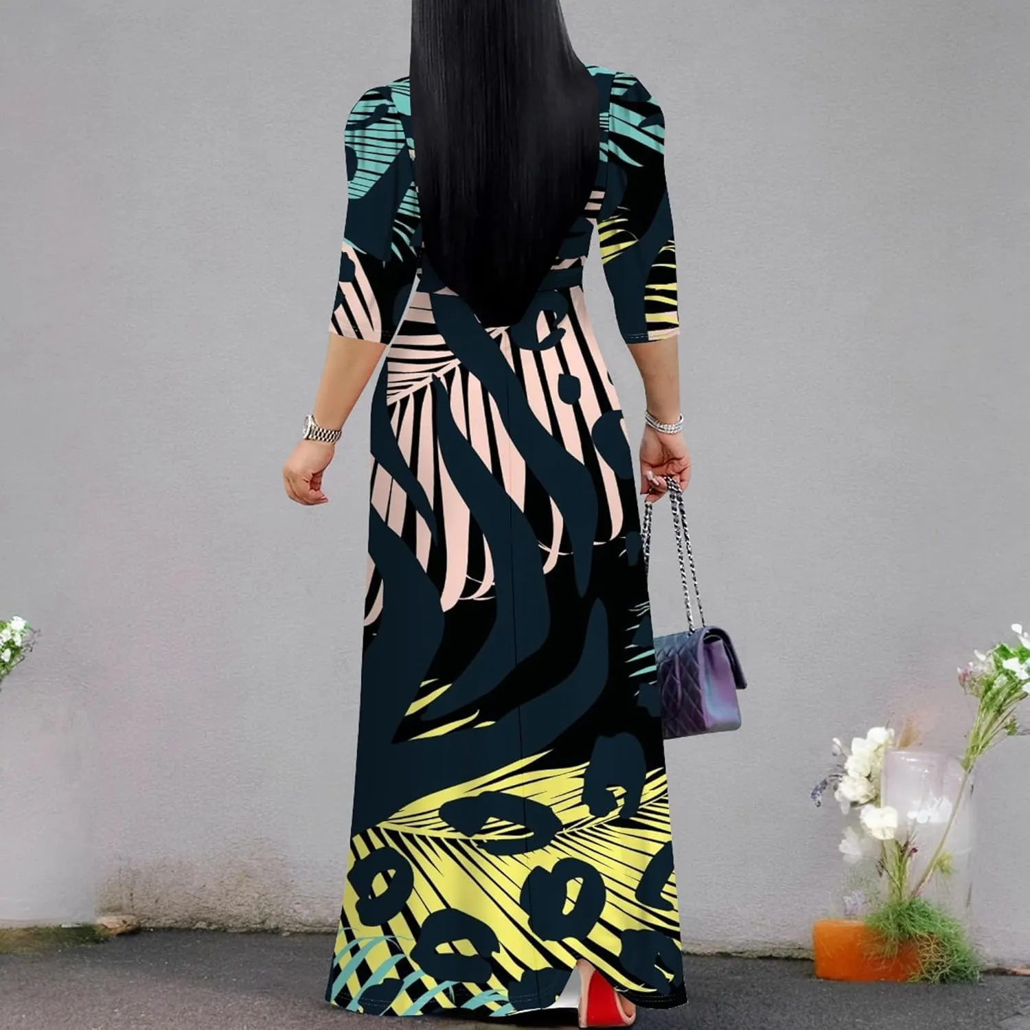 Womens Plus Size Fall Dresses Sexy Bodycon V Neck Maxi Dress Wrap Dress 3/4 Sleeve Boho Casual Floral A-Line Skirts