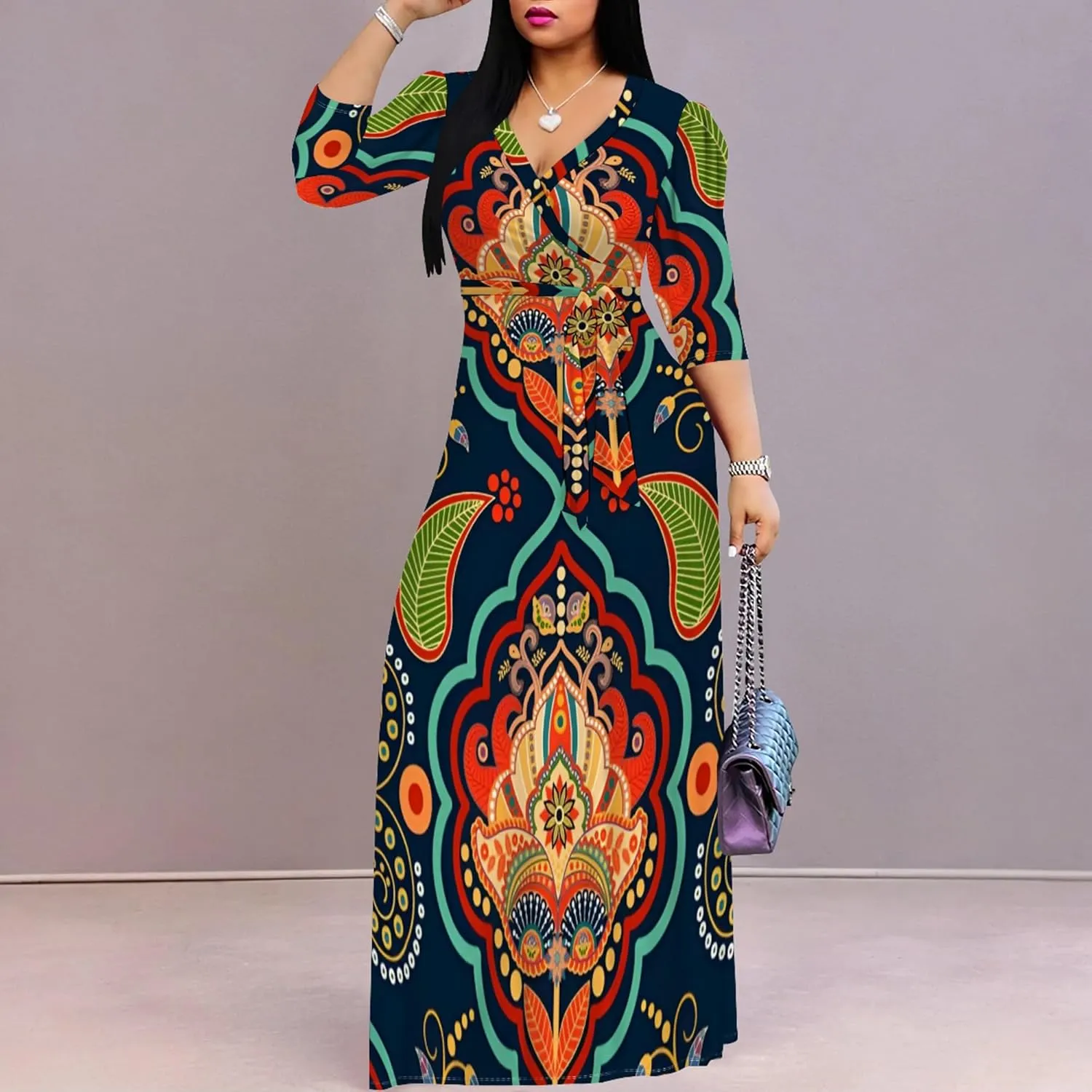 Womens Plus Size Fall Dresses Sexy Bodycon V Neck Maxi Dress Wrap Dress 3/4 Sleeve Boho Casual Floral A-Line Skirts
